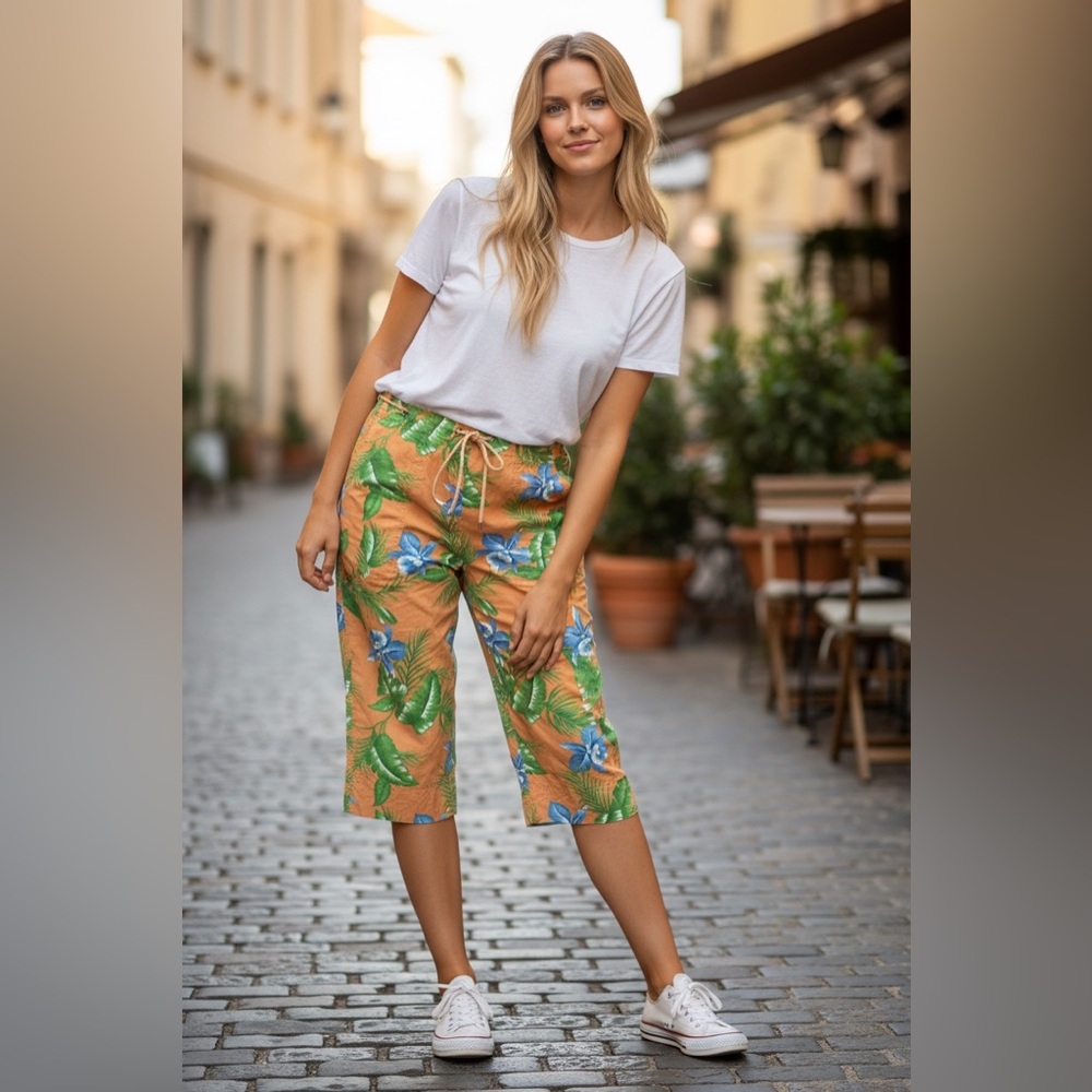 Lauren Ralph Lauren Orange Floral Cotton Capri Pants Size 16 - Picture 2 of 14